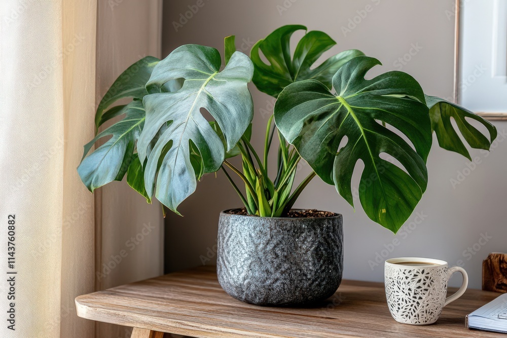 Monstera deliciosa plant in a gray pot on a wooden table Monstera deliciosa plant in a gray pot on a wooden table