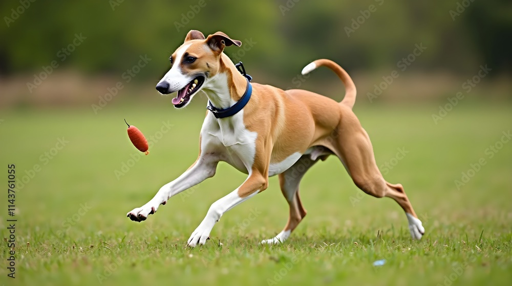 Greyhound dog running and chasing lure on field Greyhound dog running and chasing lure on field
