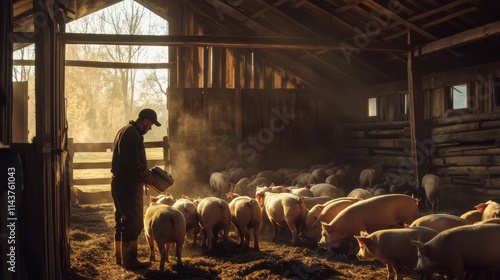 Farmer feeds pigs in a warm barn during early morning light