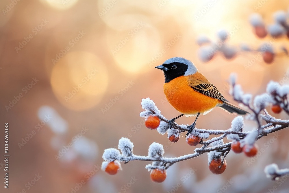 A vivid image capturing a colorful bird perched on a frost-covered branch with orange berries, against a softly lit background suggesting a serene winter morning. A vivid image capturing a colorful bird perched on a frost-covered branch with orange berries, against a softly lit background suggesting a serene winter morning.