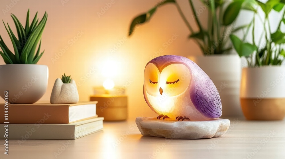 Illuminated Owl Figurine on Tabletop with Plants and Books. Illuminated Owl Figurine on Tabletop with Plants and Books.