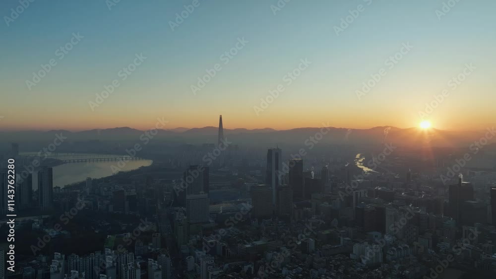 Aerial View of Seoul city in Sunrise of South Korea, Gangnam financial district, Winter Aerial View of Seoul city in Sunrise of South Korea, Gangnam financial district, Winter