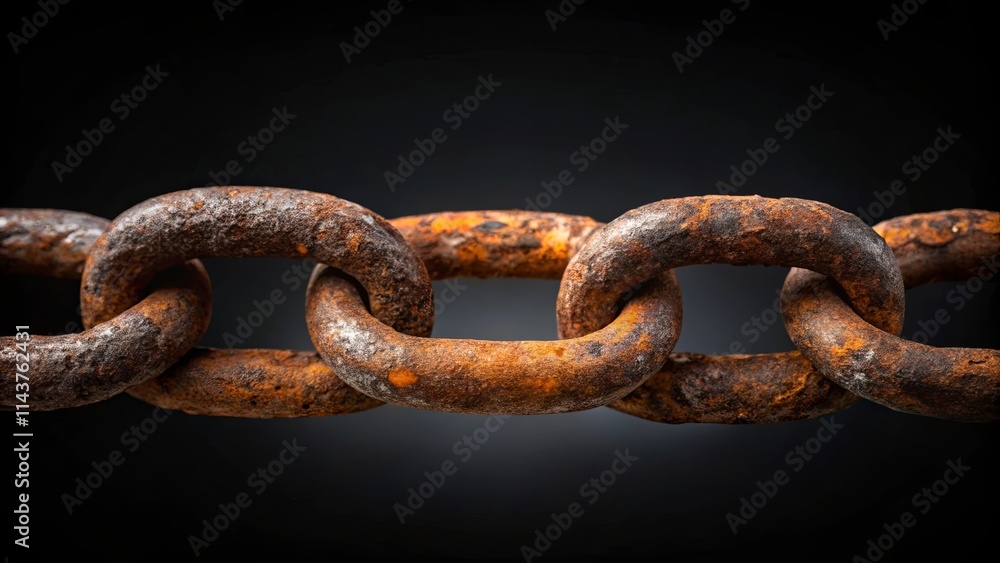 Close-up view of a heavily rusted metal chain, showcasing intricate texture and detail against a dark background Close-up view of a heavily rusted metal chain, showcasing intricate texture and detail against a dark background