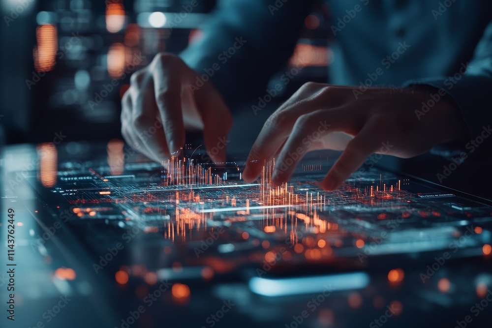 Close-up view of hands interacting with a glowing digital interface, symbolizing technology and innovation through a futuristic, immersive user experience. Close-up view of hands interacting with a glowing digital interface, symbolizing technology and innovation through a futuristic, immersive user experience.
