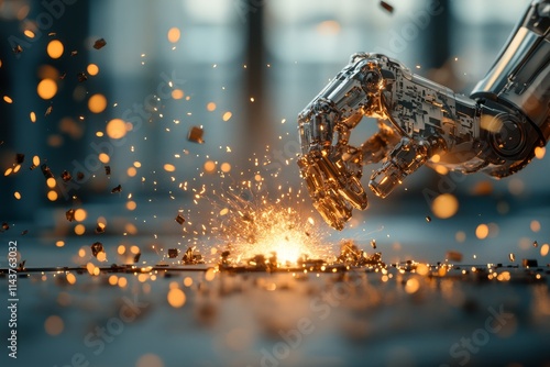 A robotic hand reaches out to manipulate glowing sparks on a workbench, symbolizing innovation, precision, and the merging of technology with craftsmanship. photo