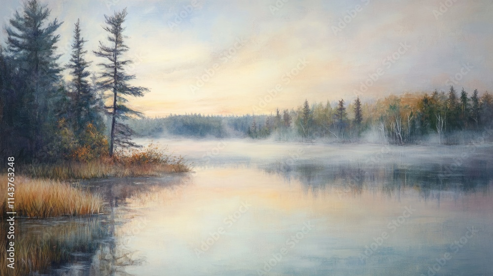 Serene landscape featuring a calm lake, mist, and trees during a tranquil morning. Serene landscape featuring a calm lake, mist, and trees during a tranquil morning.