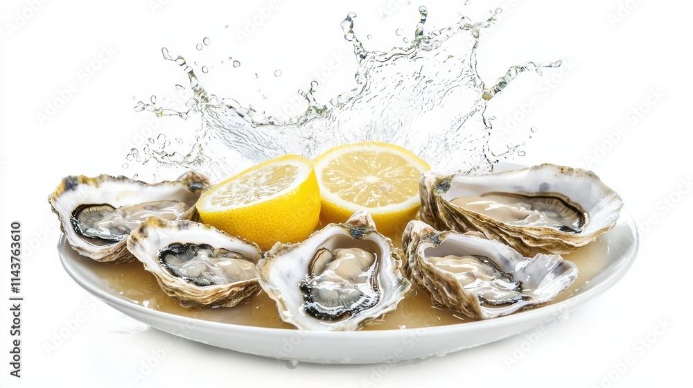 Oysters splashing with lemon slice on plate gourmet food photography studio setting Oysters splashing with lemon slice on plate gourmet food photography studio setting
