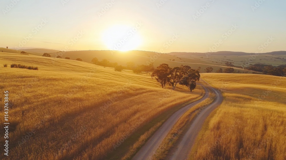 A serene country road winding through golden wheat fields at sunset, inviting peaceful journeys and exploration in nature's beauty A serene country road winding through golden wheat fields at sunset, inviting peaceful journeys and exploration in nature's beauty