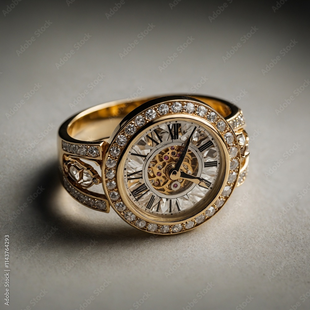 A gold ring featuring a miniature clock face surrounded by diamonds. A gold ring featuring a miniature clock face surrounded by diamonds.
