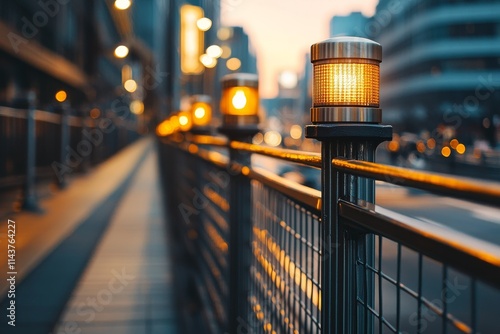 A beautifully illuminated city walkway with modern light posts casting a warm glow, capturing the essence of urban life and sophisticated city landscape ambiance. photo