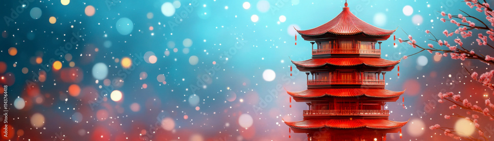 Obraz premium A stunning red pagoda surrounded by vibrant bokeh lights.