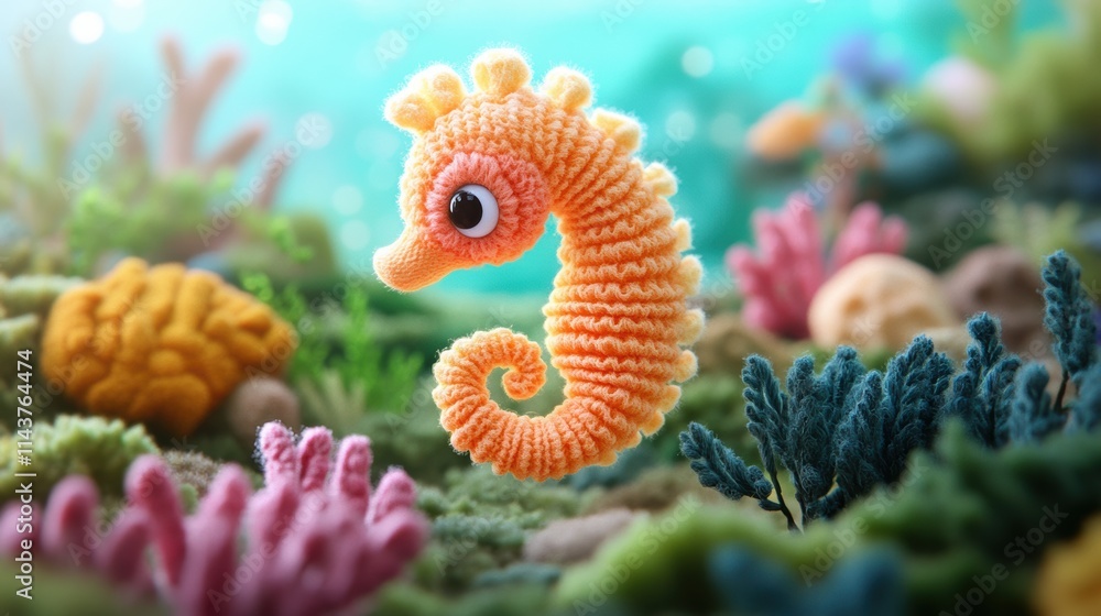 Luffy wool seahorse floating in a miniature felt ocean garden. Generative Ai Luffy wool seahorse floating in a miniature felt ocean garden. Generative Ai