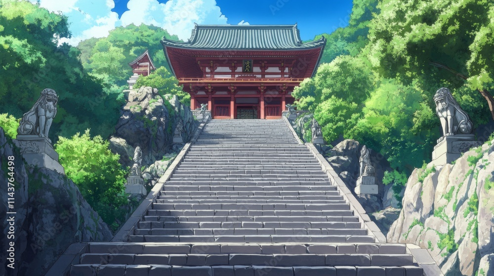 Fototapeta premium Serene mountain temple with long staircase, lush greenery, and stone lion statues.