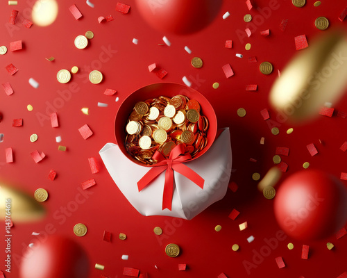 Festive celebration with gold coins in a red gift box.