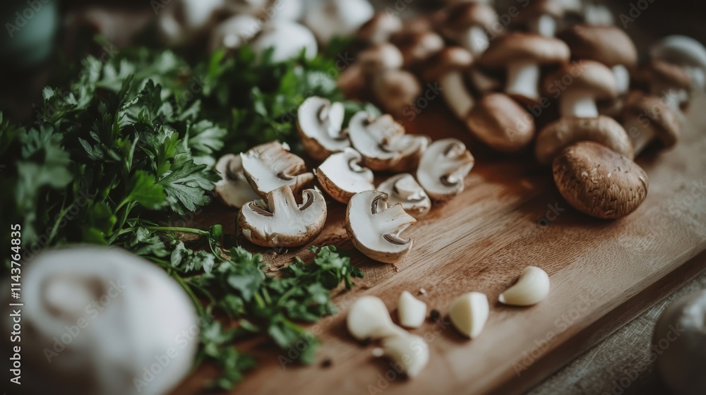 A variety of fresh edible mushrooms arranged with chopped herbs on a wooden cutting board in a cozy kitchen setting A variety of fresh edible mushrooms arranged with chopped herbs on a wooden cutting board in a cozy kitchen setting