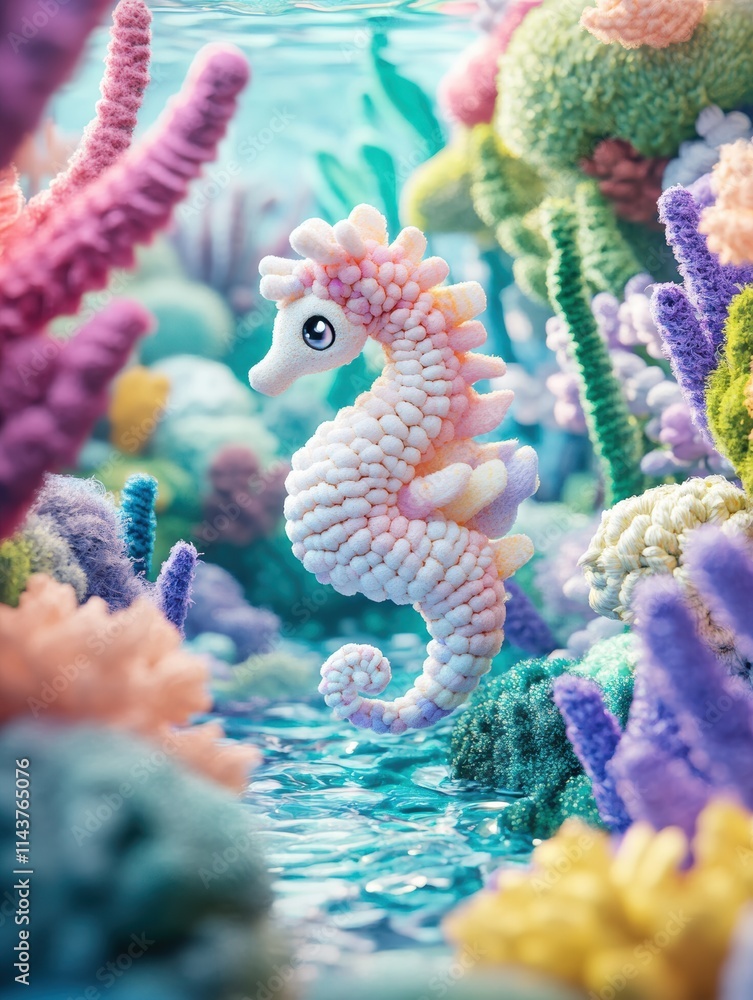 Luffy wool seahorse floating in a miniature felt ocean garden. Generative Ai Luffy wool seahorse floating in a miniature felt ocean garden. Generative Ai