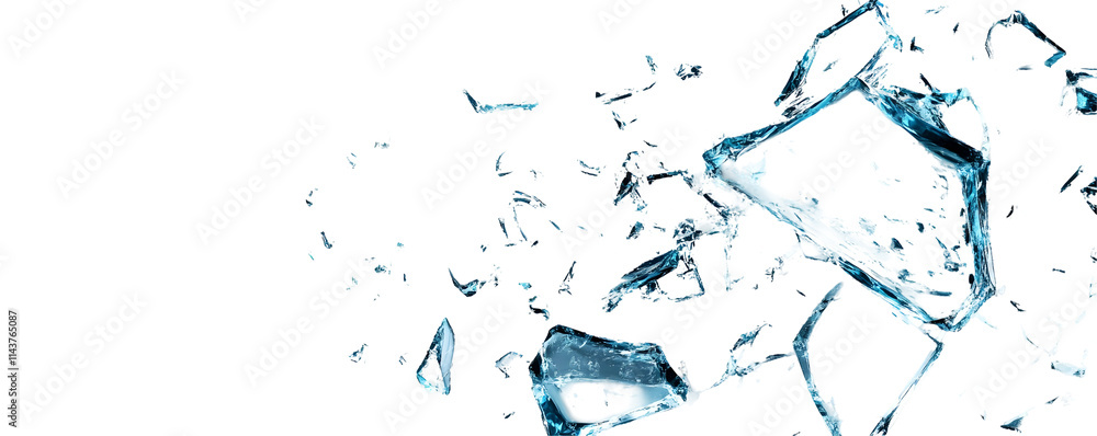 Naklejka premium Shattered Glass Pieces Exploding, Transparent Background, Isolated fragments of blue glass on white backdrop.
