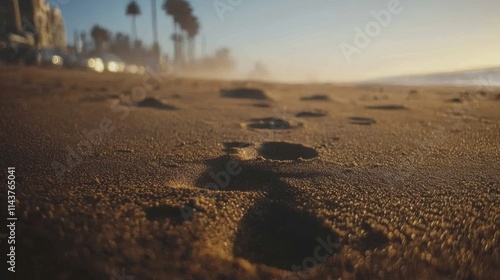 Footprints on the sandy beach at sunrise coastal landscape natural serenity tranquil view