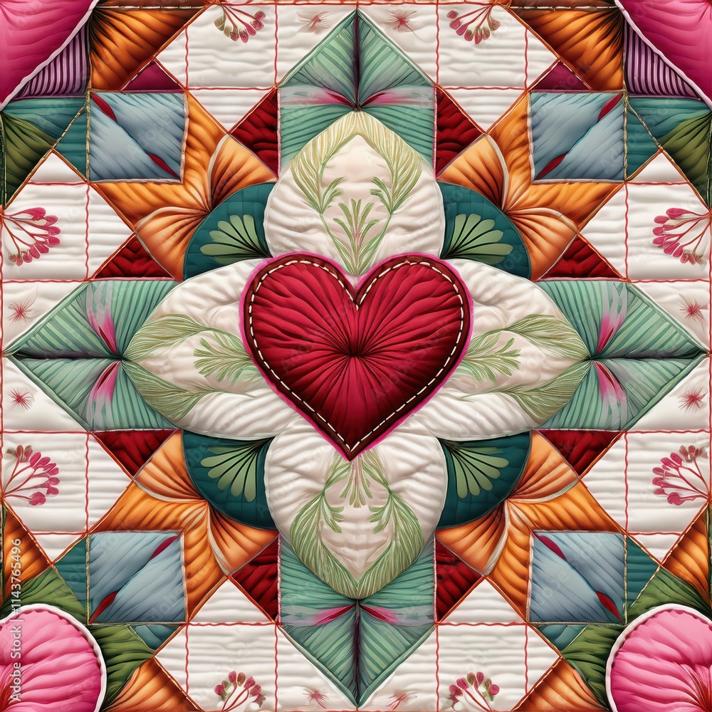 Naklejka premium Love Stitched in Patchwork: A heart sewn with love, nestled in the center of a vibrant, geometric patchwork quilt, symbolizing the enduring bonds of affection and the beauty of handmade crafts.