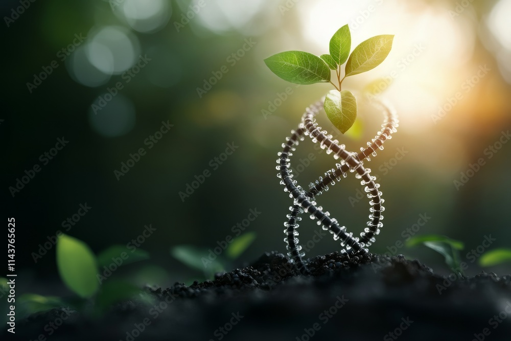 A DNA double helix intertwined with a sprouting plant symbolizing the connection between genetics and nature, with sunlight in the background. A DNA double helix intertwined with a sprouting plant symbolizing the connection between genetics and nature, with sunlight in the background.