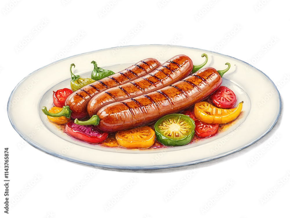 Sausage and Peppers - Grilled Sausage with bell peppers and onions, vibrant red, yellow, and green hues, isolated on transparent Sausage and Peppers - Grilled Sausage with bell peppers and onions, vibrant red, yellow, and green hues, isolated on transparent
