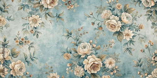 Elegant Vintage Floral Pattern Design with Soft Hues and Detailed Botanical Illustrations on a Textured Background