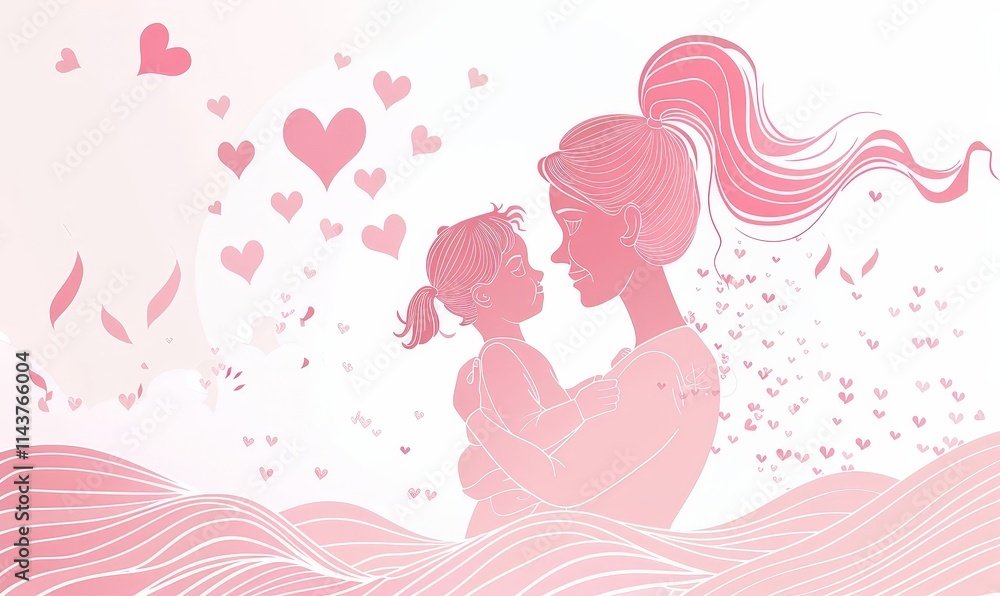Mother and Daughter Love, Pink Heart Illustration Mother and Daughter Love, Pink Heart Illustration