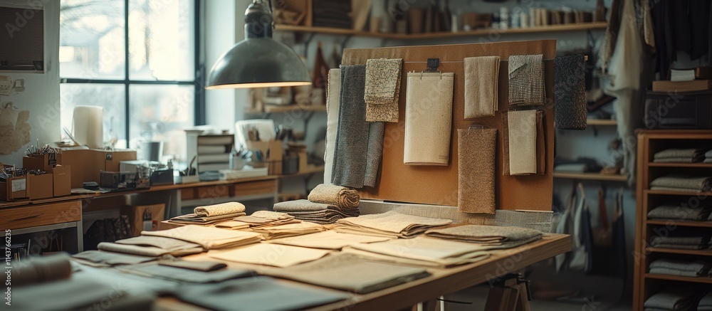 Fototapeta premium A well-lit workshop with a wooden table filled with fabric samples and a large window behind.