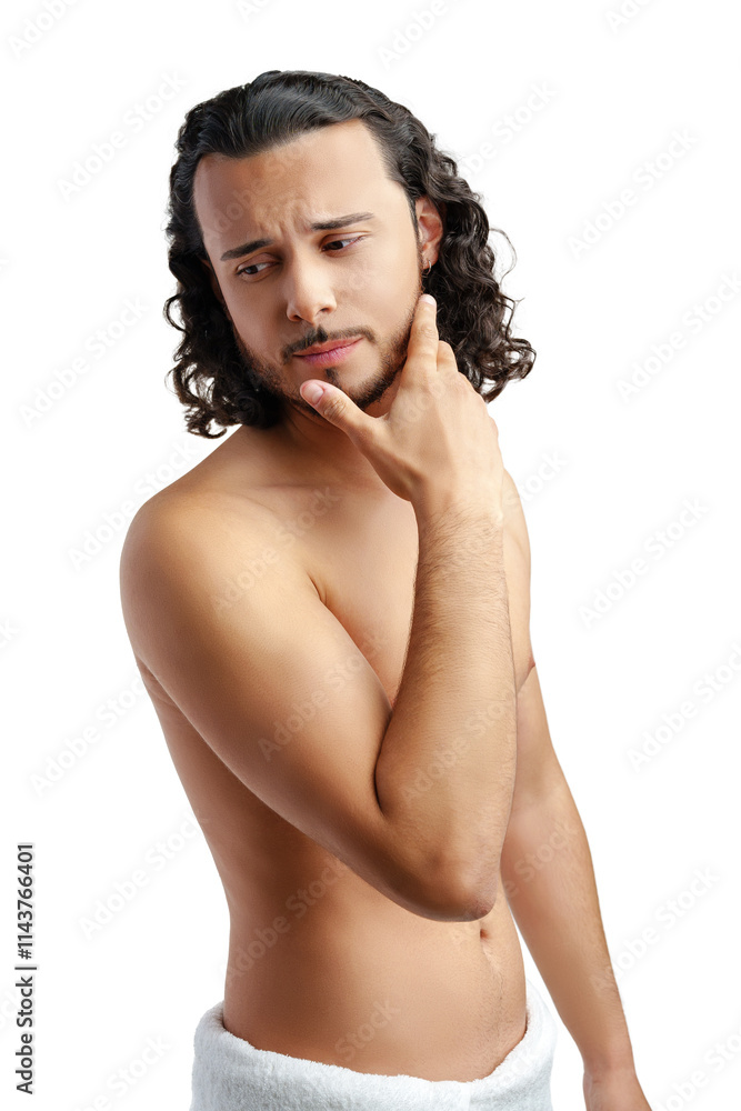 Fototapeta premium Young man with curly hair thoughtfully posing against a plain background