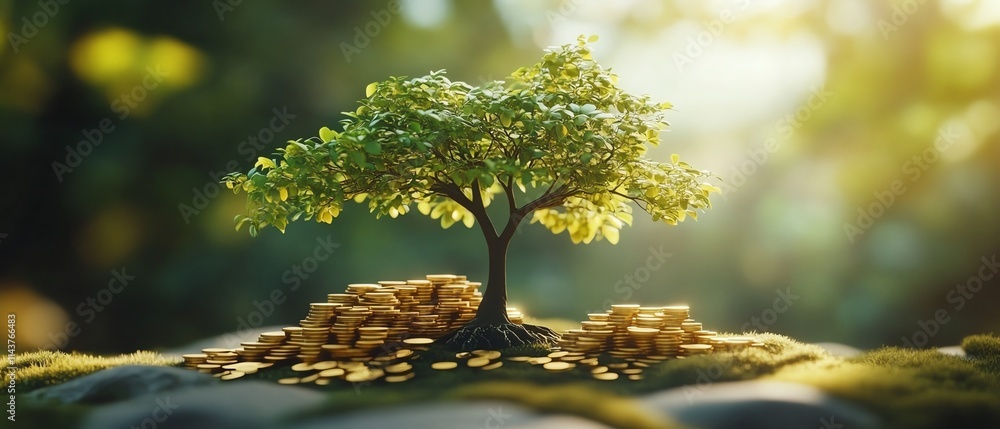 Concept of financial growth, small trees emerging from gold coin piles, lush green backdrop, representing investment and saving strategies, vibrant and realistic design