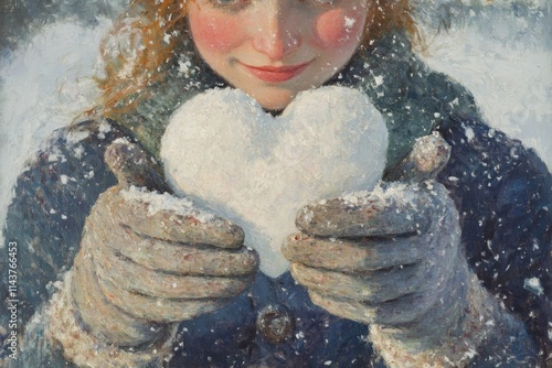 painting of girl holding heart-shaped snowball in gloves against snowy background, Valentine's Day concept 