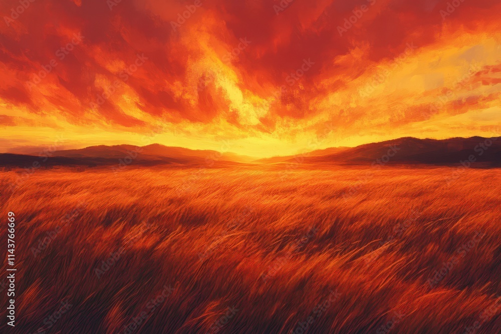 Fiery Sunset Over Rolling Hills And Golden Field Fiery Sunset Over Rolling Hills And Golden Field