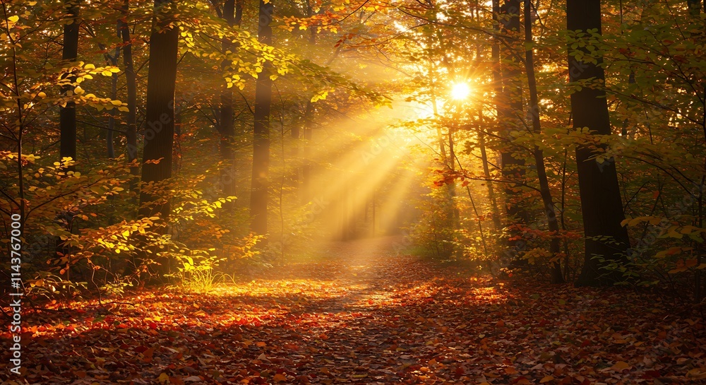 A peaceful forest path covered in golden and red autumn leaves, sunlight filtering through the trees A peaceful forest path covered in golden and red autumn leaves, sunlight filtering through the trees