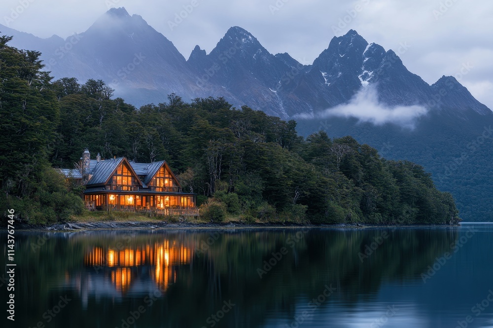 Fototapeta premium Tranquil Lakeside Retreat Nestled amidst Majestic Mountain Splendor at Dusk