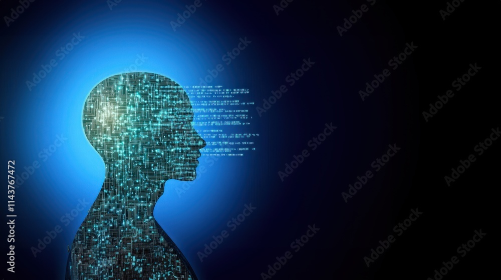Digital AI head crafted from circuit patterns with binary code streaming outward, AI programming, online programming workshops, futuristic web development Digital AI head crafted from circuit patterns with binary code streaming outward, AI programming, online programming workshops, futuristic web development