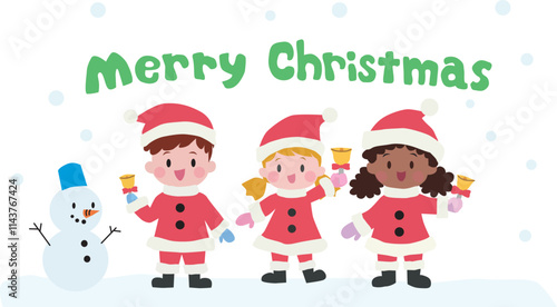 Children wearing Santa costume. snowman. snowing. Merry Christmas text. Vector Illustration.