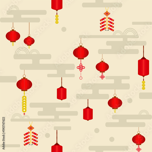 Seamless Pattern with Traditional Lanterns and Firecrackers in the Festive New year theme