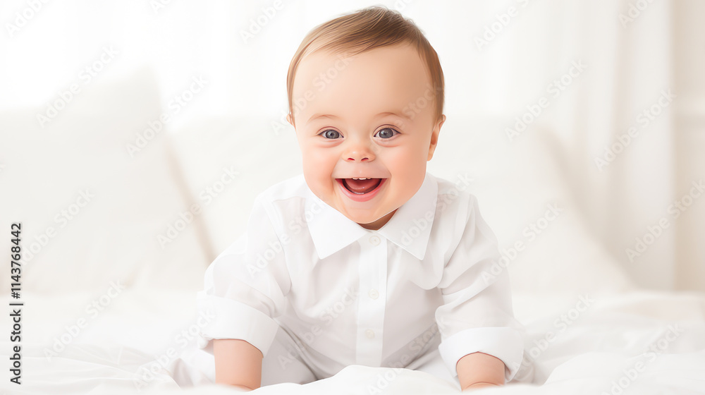 Portrait of smiling laughing boy child with Down syndrome white background. Portrait of smiling laughing boy child with Down syndrome white background.