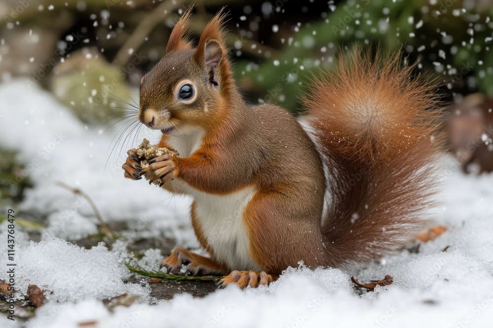 A red squirrel standing on snow holding food in its tiny paws