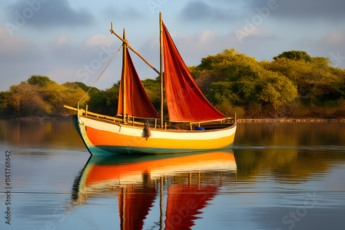 Pristine Waters: A Traditional bk Boat Anchored on a Serene Lake with the Horizon Fringed by Tranquil Shores