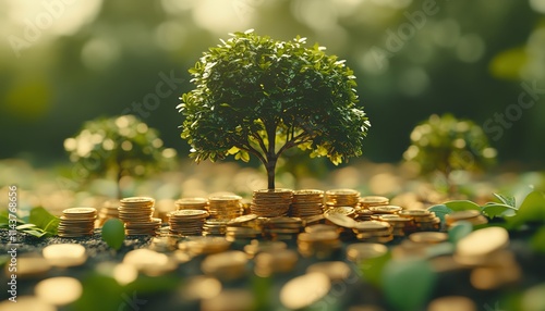 Moneysaving strategies illustrated by small trees growing from gold coin piles photo