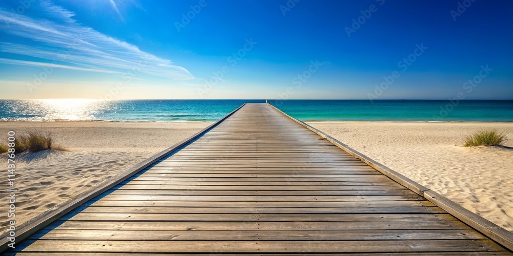 Obraz premium Serene Wooden Beach Boardwalk Leading to a Calm Ocean on a Sunny Day