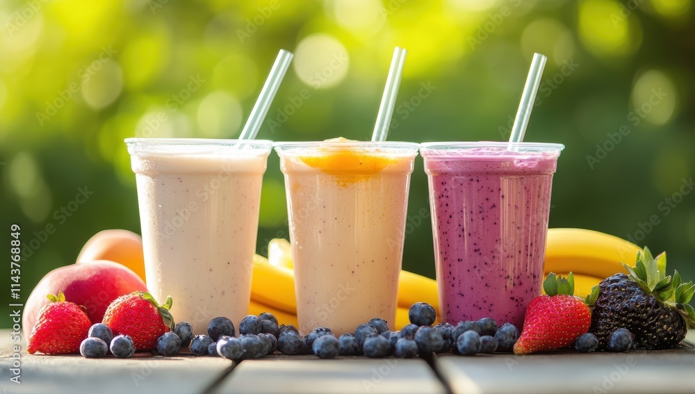 Different flavor milkshakes or smoothie in plastic glasses on wooden table Different flavor milkshakes or smoothie in plastic glasses on wooden table