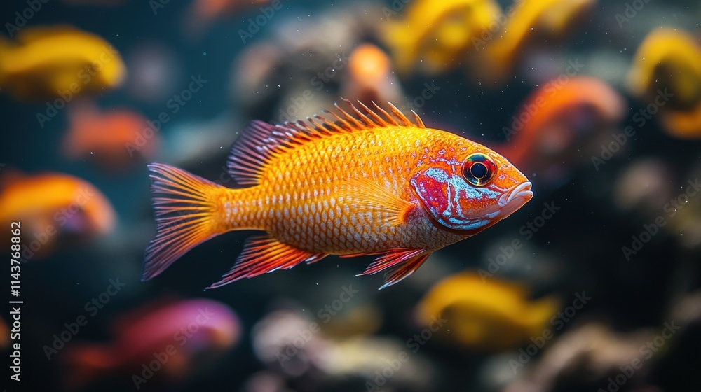 Vibrant orange fish swimming in aquarium. (1) Vibrant orange fish swimming in aquarium. (1)