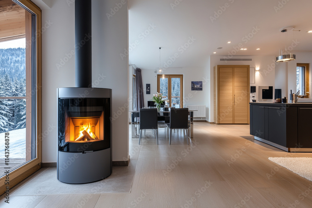 Luxury house interior with modern pellet stove. Contemporary living room with burning fireplace