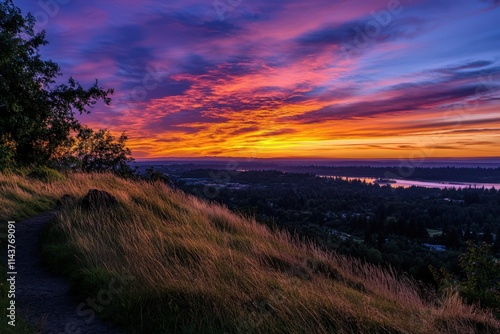 Vibrant Sunrise Over Hilltop Landscape And River Valley