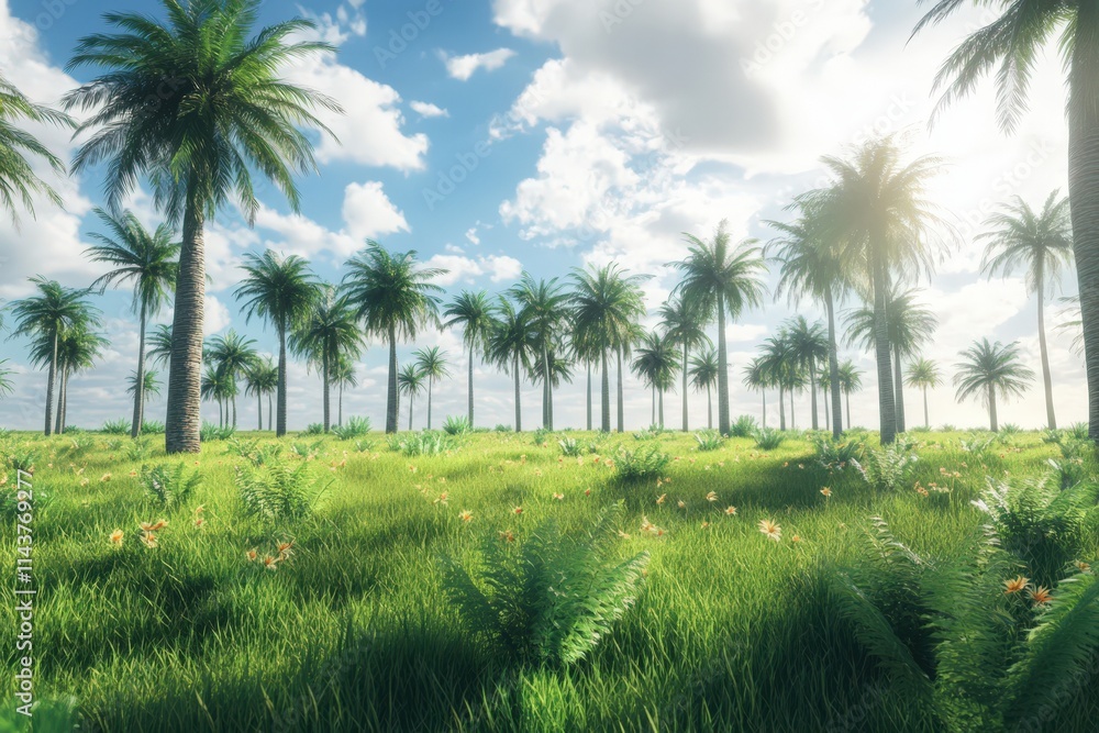 Lush Green Meadow With Palm Trees Under A Sunny Sky Lush Green Meadow With Palm Trees Under A Sunny Sky