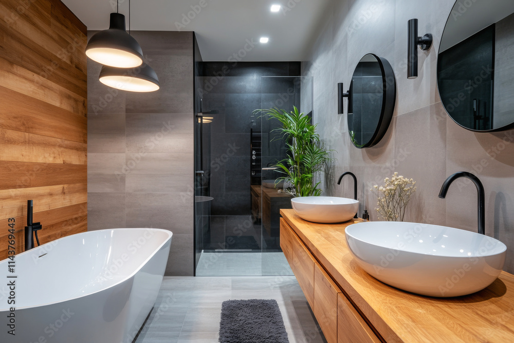 Modern minimalist bathroom interior with two ceramic sinks on wooden countertop, circle mirrors and white bathtub
