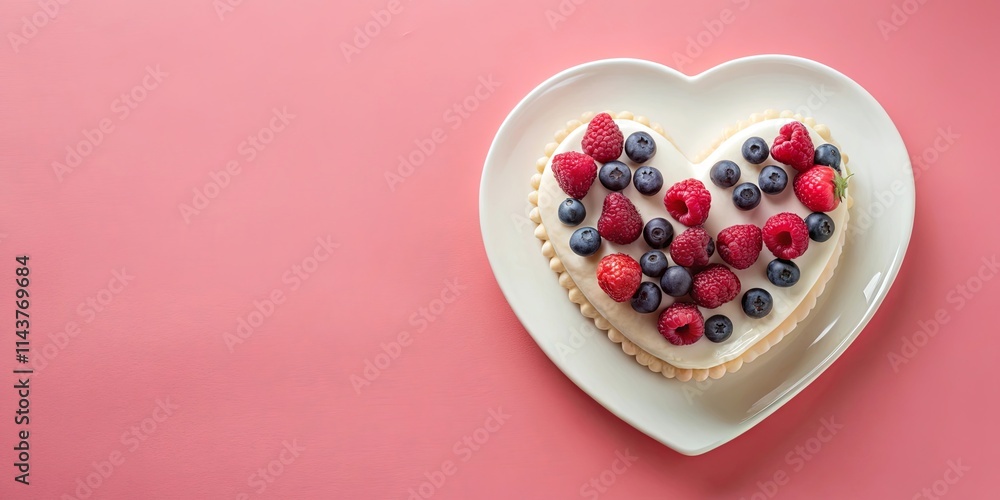 Heart-shaped creamy dessert adorned with raspberries and blueberries, presented on a heart-shaped plate against a pink background