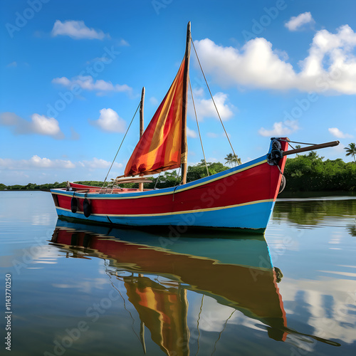 Pristine Waters: A Traditional bk Boat Anchored on a Serene Lake with the Horizon Fringed by Tranquil Shores photo